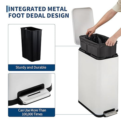 13-Gallon Kitchen Trash Can, 50-Liter Slim Stainless Steel Pedal Trash Bin, Pedal Trash Can with Soft-Close Lid, Fingerprint-Resistant, with Removable Inner Bucket, Suitable for Small Spaces, White
