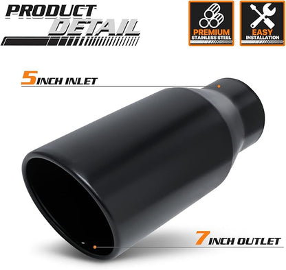 M-AUTO 5" Inlet and 7" Outlet Universal Muffler 15" Overall Length, Heavy Duty Stainless Steel Auto Accessories Roll and Angle Cut Tip for Car Pickup Trucks, Black