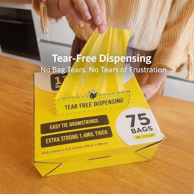 13 Gallon Biodegradable Trash Bags with Drawstring, 75 Count – 1.4 Mil Thick Plant Based Tall Kitchen Garbage Bags with Convenient Tear-free Dispensing, Heavy Duty Leak Resistant Green Garbage Liners