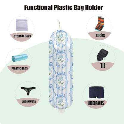 Bow Plastic Bag Holder, Wall Mount Grocery Bag Holder for Plastic Bags, Blue Stripes Reusable Grocery Bags Storage Dispenser for Home Kitchen Pantry Decor, Flower Gifts for Women Mom, 22.5x9 Inch