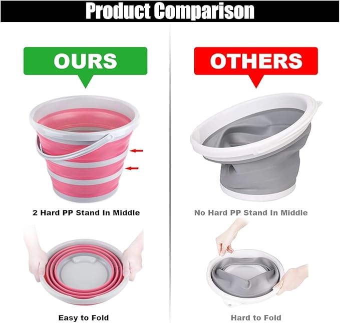GLSOWEE Car Collapsible Bucket, 10L 2.6 Gallon Folding Bucket Auto Cleaning Plastic Water Bucket, Foldable Portable Bucket Space Saving for Indoor Outdoor Car Wash Garden Camping (Pink)