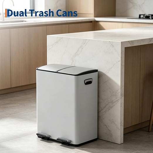Dual Compartment Trash Can, 2 x 5.3 gal, 20L x 2 Stainless Steel Recycling Bin, Modern Kitchen Trash Bin with Foldable Anti-Slip Foot Pedal, Soft-Close Lid, Removable Inner Buckets, Kitchen Garbage