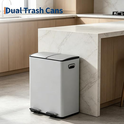 Dual Compartment Trash Can, 2 x 5.3 gal, 20L x 2 Stainless Steel Recycling Bin, Modern Kitchen Trash Bin with Foldable Anti-Slip Foot Pedal, Soft-Close Lid, Removable Inner Buckets, Kitchen Garbage