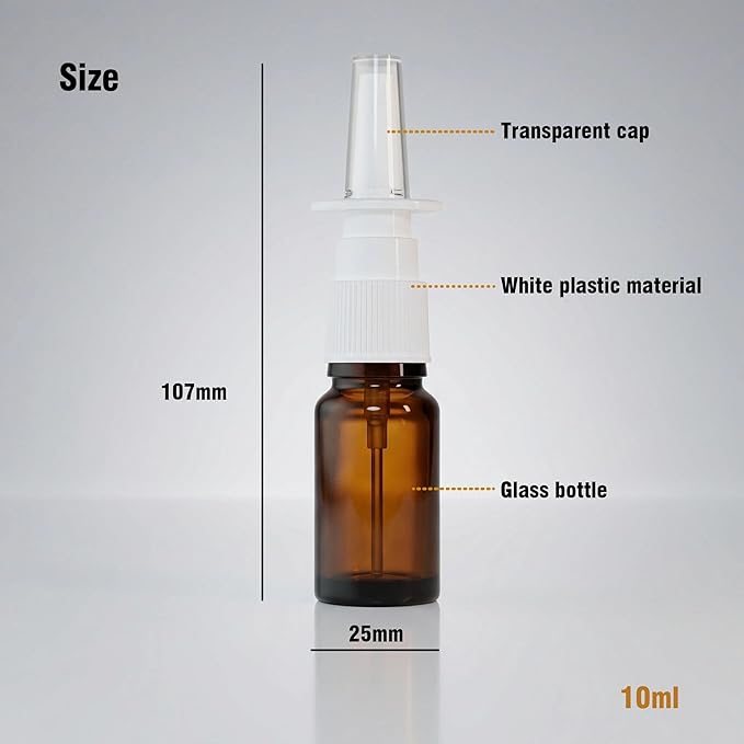 6PCS 10ML Glass Nasal Spray Bottles,Amber Empty Travel Sized Refillable With Fine Mist Narsal Squeeze bottle,Nose Sprayer Nasal Cleanser with Funnel (10ml amber 6pcs)