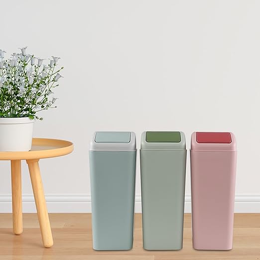 12 L Slim Garbage Can, Small Plastic Trash Can with Swing Lid, 1 Pack (Green)