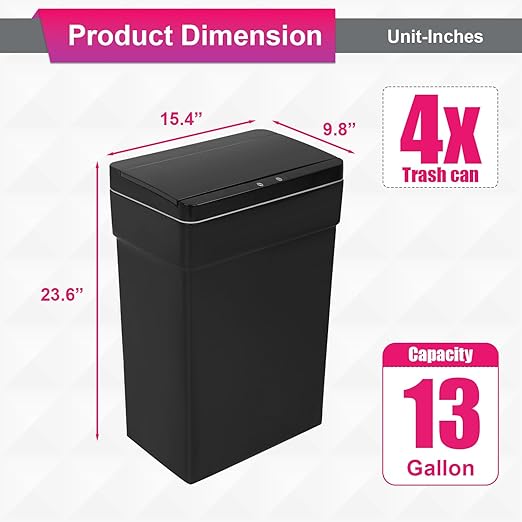 PayLessHere 13 Gallon 50 L Trash Can with Lid Plastic Kitchen Trash Bin Automatic Touch Free Motion Sensor Trash Can (4, Black)