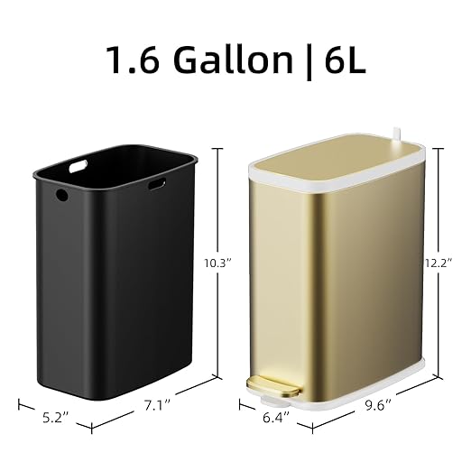 KdbK Champagne Gold Bathroom Trash Can with Lid Soft Close,1.6 Gallon Slim Garbage can,Small Metal Step Wastebasket for Office, Bedroom, Toilet, Live Room