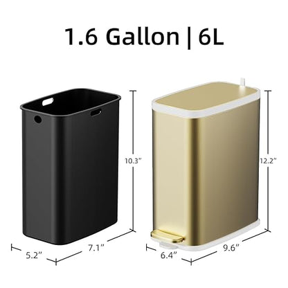 KdbK Champagne Gold Bathroom Trash Can with Lid Soft Close,1.6 Gallon Slim Garbage can,Small Metal Step Wastebasket for Office, Bedroom, Toilet, Live Room