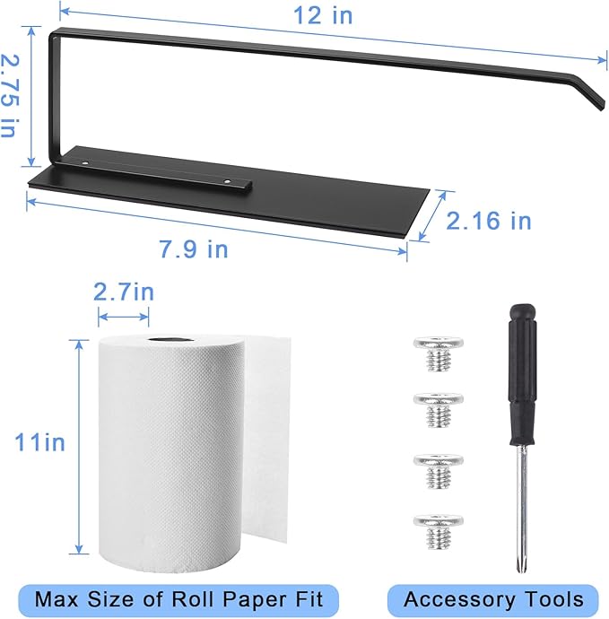 Black Paper Towel Holder, Magnetic Paper Towel Holder for Fridge, Toilet Paper Roll Holder Magnet Towel Rack Wall Mount Fridge Organizer for Paper Towels Rolls Bathroom Pantry RV Kitchen Storage