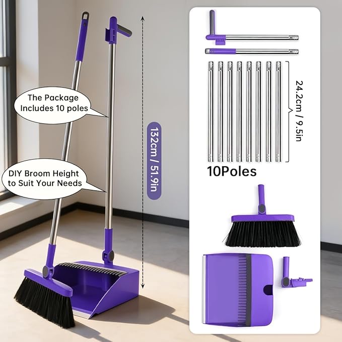 Broom and Dustpan Set, Long Handle Standing Broom with Self-Cleaning Comb Teeth, Heavy Duty Broom Dustpan Combo for Home Kitchen Office Floor Pet Hair Cleaning (Purple)