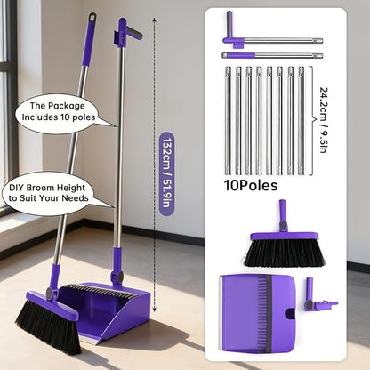 2-in-1 Broom with Dustpan Combo Set,Long Handle Broom Dustpan Combo with Dustpan Teeth to Automatically Clean Hair for Home, Indoor or Outdoor Cleaning Hall Floor (Purple)