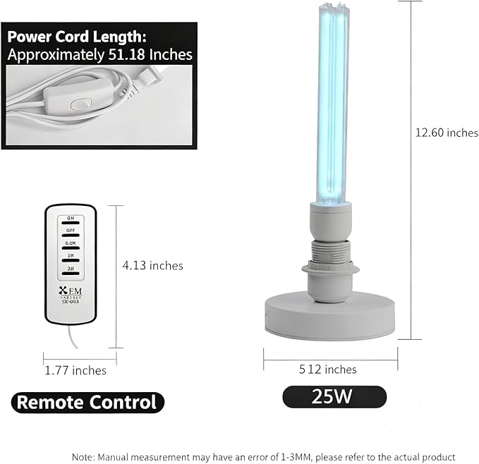 UV Light with Ozone,Wireless Remote Control & 3 Timer SettingsUV Lamp with 4 Quartz Tubes for 360° Coverage,Home Office Restaurant Hotel-Use When Unoccupied (US-007/25W-T)