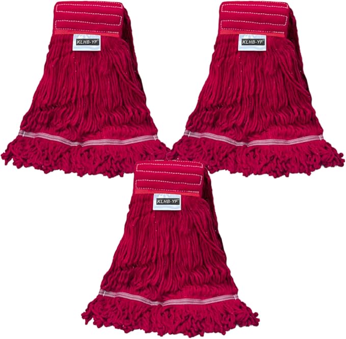 Heavy Duty Commercial String Mop Heads, 3 Pack Cotton Red Mop Head Replacement, Machine Washable Industrial Mop Head Refills for Janitorial, Restaurant, Warehouse & Office Floor Cleaning