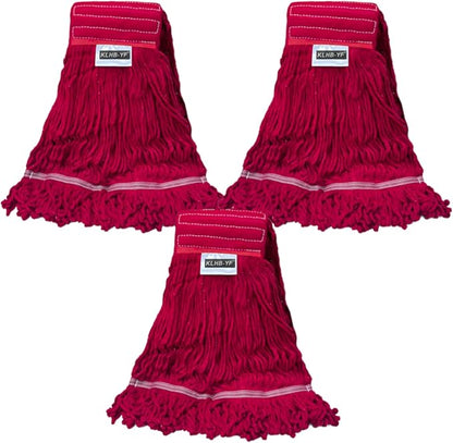 Heavy Duty Commercial String Mop Heads, 3 Pack Cotton Red Mop Head Replacement, Machine Washable Industrial Mop Head Refills for Janitorial, Restaurant, Warehouse & Office Floor Cleaning
