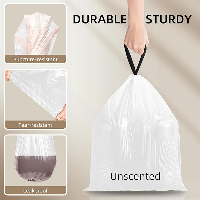 KSSKSS 4 Gallon Mini Drawstring Trash Bags, Small Garbage Bags by KSSKSS, Code a fit 15-22 Liter, 4-6 Gal, White Trash Bin Liners for Home Office Kitchen Bathroom Bedroom, 120 Counts
