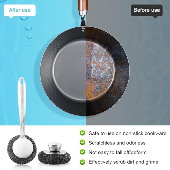 5Pcs Stainless Steel Wool Scrubber Sets, with Long & Short Handle & 3Pcs Detachable Pads, Metal Pot Scrubbers for Cleaning Dishes Iron Pots Stoves