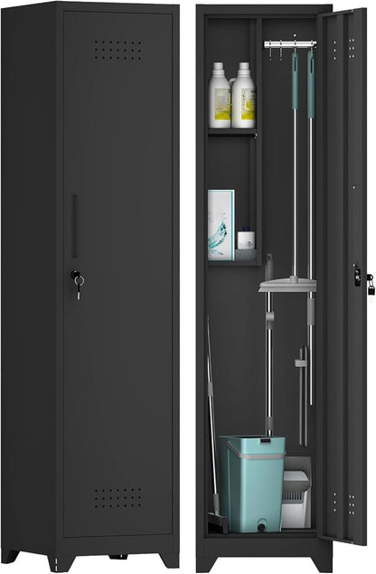 GREATMEET Slim Broom Storage Cabinets, Black Metal Cabinet with Shelves, Utility Storage Cabinet with Locking Door for Garage, School, Office, Shop