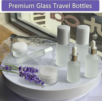 18-Pack Glass Travel Bottles Set, 1.35/0.7/1 oz TSA Approved Containers with Pump Spray, White Small Bottles for Toiletries, Makeup, Skincare