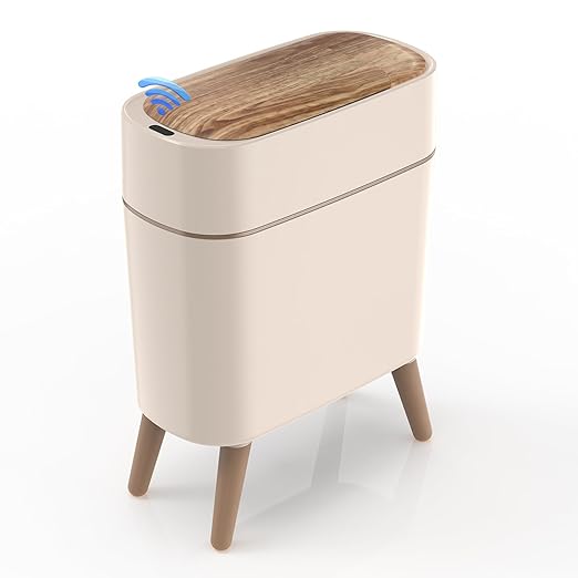 suyika Automatic Trash Can, 2.6 Gallon/10L Bathroom Trash Can with Lid - Wood Grain Lid and Legs, Touchless Waterproof Garbage Bin for Bedroom, Bathroom, Office, Living Room