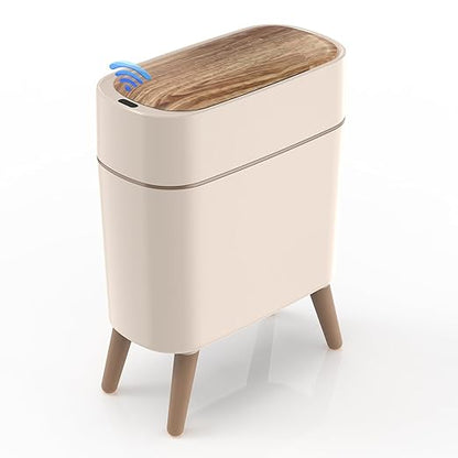 suyika Automatic Trash Can, 2.6 Gallon/10L Bathroom Trash Can with Lid - Wood Grain Lid and Legs, Touchless Waterproof Garbage Bin for Bedroom, Bathroom, Office, Living Room