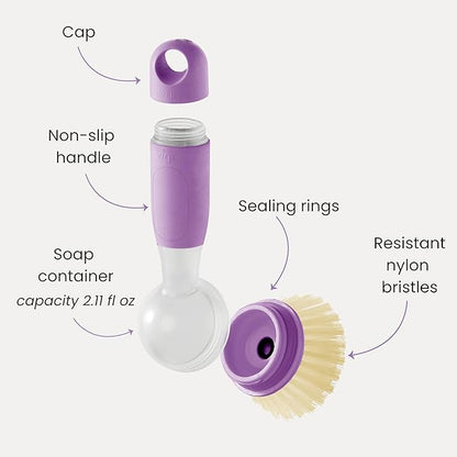 Vigar Rengo Dish Brush with Soap Dispenser - Dish Scrubber with Handle, Kitchen Scrub Brush for Dishes, Sink Cleaning Brush, Soap Dispensing Dish Wand with Nylon Bristles, Non Scratch - Purple