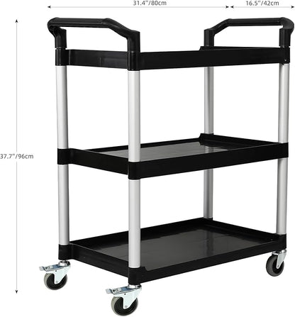 3-Tier Utility Rolling Cart with Wheels, Durable Catering carts with Wheels, Rolling Storage Cart for Hotel Canteen Resturant Office (Black, 31.4" D x 16.5" W x 37.7" H)