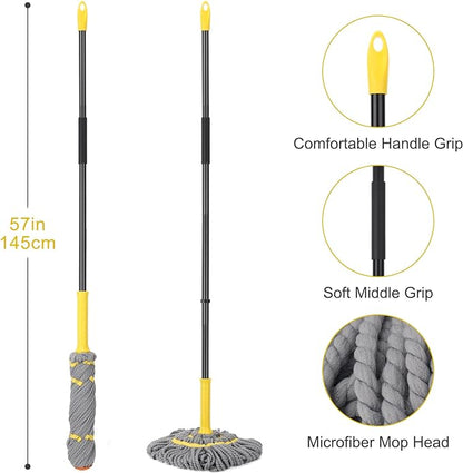 KeFanta Self-Wringing Twist Mops with 1 Extra Refill, Mops for Floor Cleaning with 57 " Long Handle, Microfiber Floor Mop for Hardwood Commercial Household Clean (1 Handle & 2 Mop Heads)