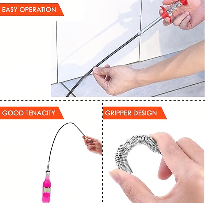 Drain Snake，Plumbing Drain Clog Remover, Gutter Cleaning Tools for Toilet Shower Kitchen Bathroom Tub, Clogged Drains Opener Cleaning Tool, Flexible Grabber Claw Pick Up Reacher （76 in）