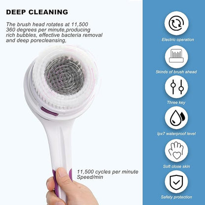 Electric Body Brush,5 Attachments Brush Heads Electric SPA Spin Scrubber for Shower Bathing Cleansing Wash Deep Cleaning with Silicone Rechargeable IPX7 Waterproof