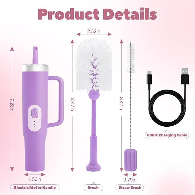 Electric Bottle Brush Cleaner with Straw Brush, 2 in 1 Long Handle Bottle Cleaning Brush for Stanley Cups, Sports Bottles, Baby Bottles, Mugs, Tumblers and Straws