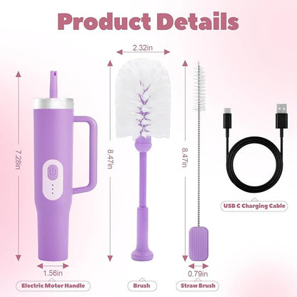 Electric Bottle Brush Cleaner with Straw Brush, 2 in 1 Long Handle Bottle Cleaning Brush for Stanley Cups, Sports Bottles, Baby Bottles, Mugs, Tumblers and Straws
