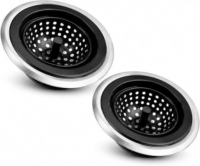 Kitchen Sink Strainer 2 Pack, Stainless Steel Rim with Silicone Basket, Anti-Clog Sink Drain Catcher, Food Strainer for Kitchen Sink, Fits Standard Drains, Black