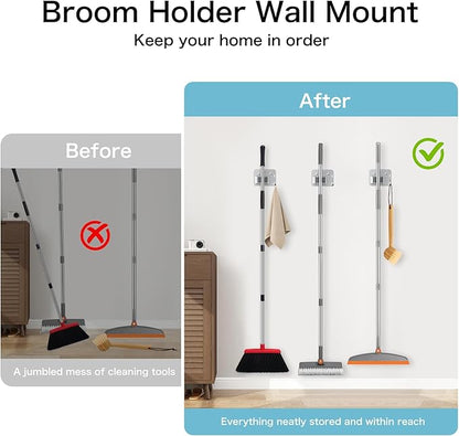 nacena Broom Holder Wall Mount, 4 Packs Silver Stainless Steel Mop and Broom Hanger with Hooks Heavy Duty Broom and Mop Organizer Wall Hanging for Bathroom
