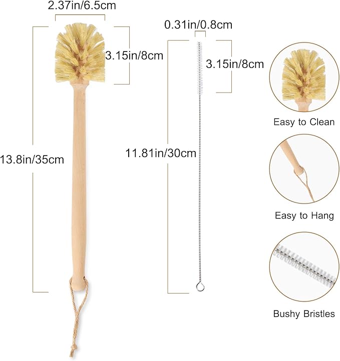 Long Handle Bottle Brush,Wooden Cleaning Brush with Straw Brush,Built for Stanley Cup, Sports Bottles and Coffee Mugs