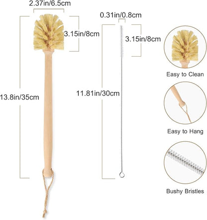 Long Handle Bottle Brush,Wooden Cleaning Brush with Straw Brush,Built for Stanley Cup, Sports Bottles and Coffee Mugs
