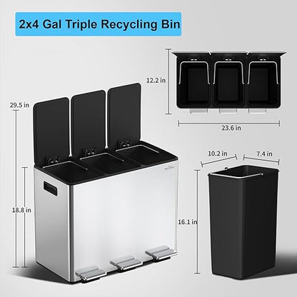 mVm 3 Compartment Trash Can, 12(3x4) Gal Triple Step Trash Can with Thick Lids, Modern Kitchen Office Garbage Can（Silver）