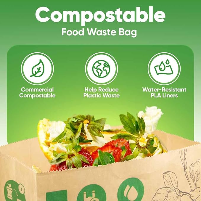 Kitchen Food Waste Bags – 40 bags – 100% Compostable Paper – Leak-resistant liner – Completely Plastic-free & Environmentally Friendly – Certified by BNQ & BPI - 40 Brown Paper Compostable Bags (40)