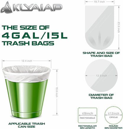 220 Counts Aklyaiap 4 Gallon Trash Bag,Tear & Leak Resistant Bathroom Biodegradable Small Garbage Can Bags Unscented for Home & Kitchen, 5Rolls, White
