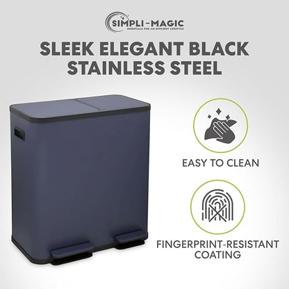 Simpli-Magic 70 Liter / 18.5 Gallon Rectangular Hands-Free Dual Compartment Recycling Kitchen Step Trash Can with Soft-Close Single Lid, Stainless Steel (40L x 30L Capacity), Blue
