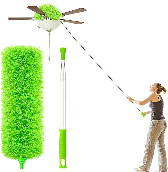 Duster for Cleaning High Ceiling Fan (Green), AzunMicrofiber Feather Duster with 30" to 100" TelescopingExtension Pole, Long Extendable Duster for Home CarFurniture Cobweb