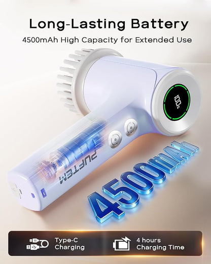 PUFTEM Electric Spin Scrubber for Bathroom Cleaning, Cordless Shower Scrubber with 6 Brush Heads, Dual-Direction Rotation, Handheld Cleaning Brush for Grout, Tile, Tub, Sink & Corners, Purple