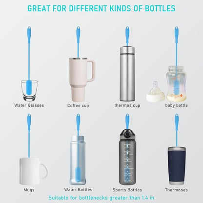 15.7" Silicone Bottle Brush, ddLUCK Water Bottle Cleaner Brush for Stanley, Hydroflasks, Glass, Thermos Sports Bottle, Vase and Glassware, Bottle Brush Cleaner for Small Narrow Neck Containers (Blue)