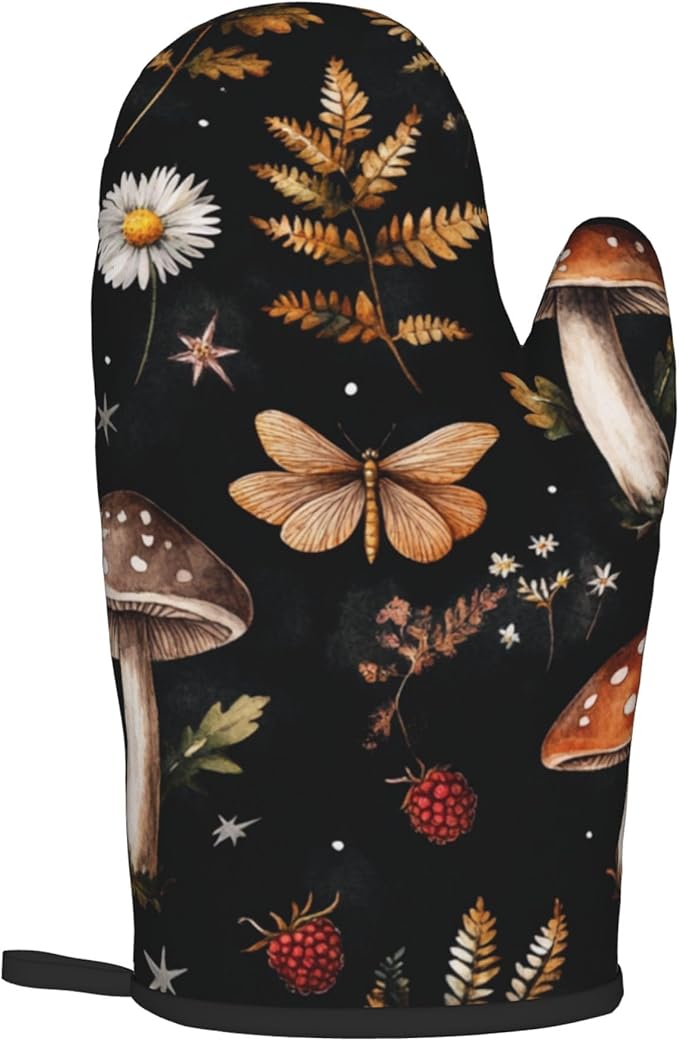 Mushroom Oven Mitts Set – Vintage Pot Holders Kitchen Gloves for Women Farmhouse Kitchen Mitts Floral Herb Potholders Set of 2 Durable for Cooking Baking