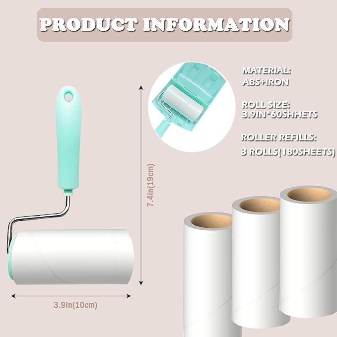 Lint Roller Remover with 180 Sheets, Pet Hair Remover Extra Sticky Roller Hair Dust Remover for Clothes, Furniture, Travel Household 1 Handle+3 Rollers Dog &Cat Hair Removal Green