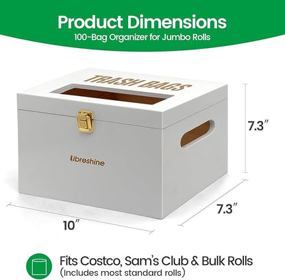 Libreshine Extra Large White Bamboo Trash Bag Holder Dispenser, Fits Costco & Sam's Club Jumbo Rolls, Under-Sink, Cabinet & Wall Mount Organizer, Garbage Bag Storage for Kitchen, Pantry, Garage