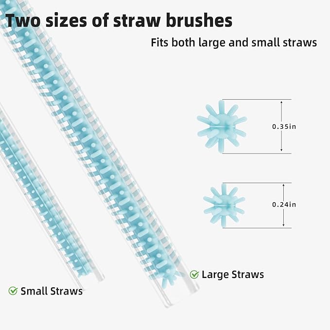 Silicone Straw Cleaner Brush, 4Pcs Reusable Straw Brush Set with Extra-Long Design for Cleaning Thin Metal Straws and Wider Milkshake Straws （6mm+9mm Blue)