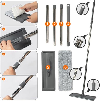 360° Microfiber Flat Mop with Hands-Free Self-Cleaning Bucket, Wash & Dry Dual Chamber System, Adjustable Handle, Includes 2 Microfiber Mop Pads, Wet & Dry Floor Cleaning - (LV-F02)