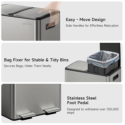 mVm Dual Trash Can, 2x5.3 Gal Stainless Steel Step Trash Can with Thick Lids, 2 Compartment Recycle Bin for Home Kitchen Office (Gray)