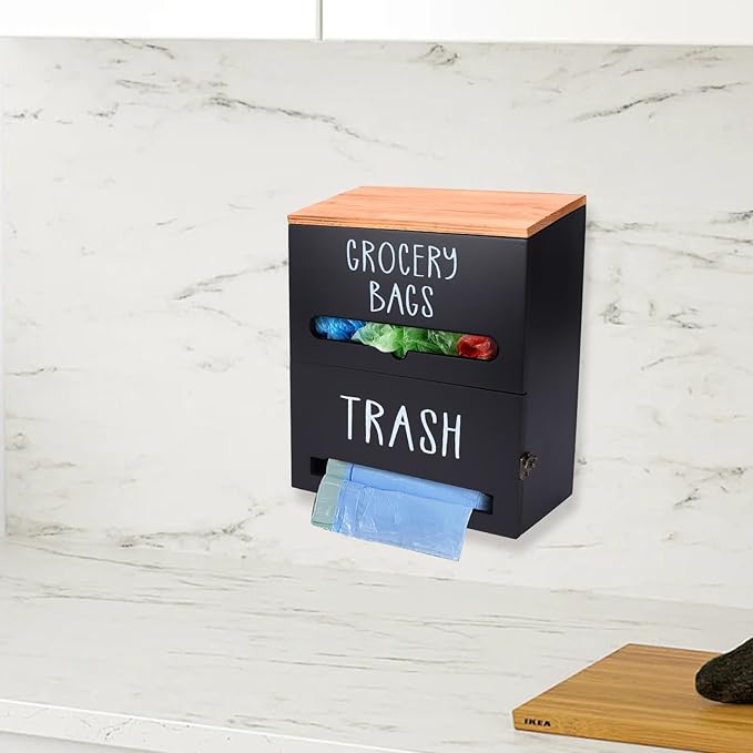 2 in 1 Trash Bag Holder with Grocery Bag Holder, Wooden Trash Bag Dispenser Wall Mounted, Trash Bag Organizer for Countertop/Under Sink, Garbage Bag Holder Dispenser for Plastic Bags, Black