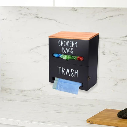 2 in 1 Trash Bag Holder with Grocery Bag Holder, Wooden Trash Bag Dispenser Wall Mounted, Trash Bag Organizer for Countertop/Under Sink, Garbage Bag Holder Dispenser for Plastic Bags, Black